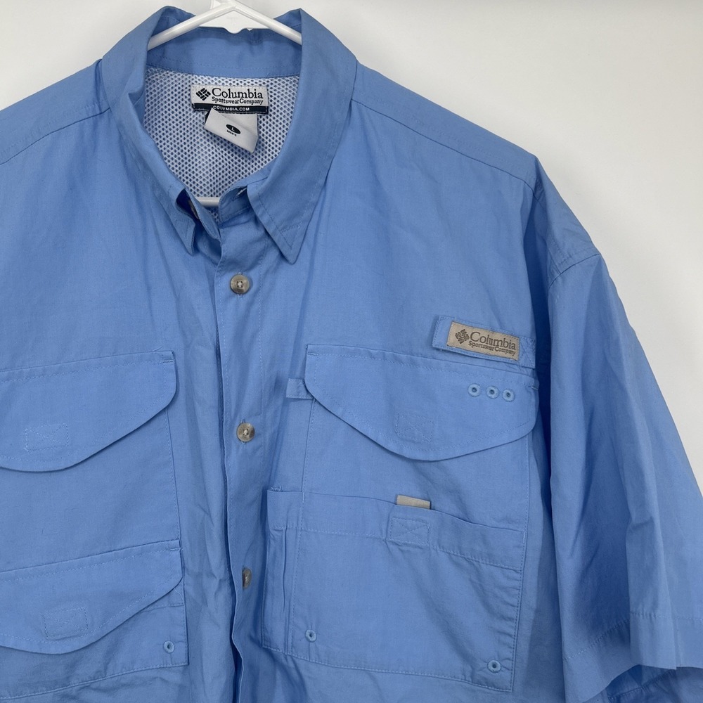 Columbia PFG Fishing Shirt Mens Large L Short Sleeve Button Up Blue Vented
